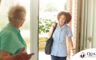 A caregiver comes in to see a client at home representing senior home care and the services offered.